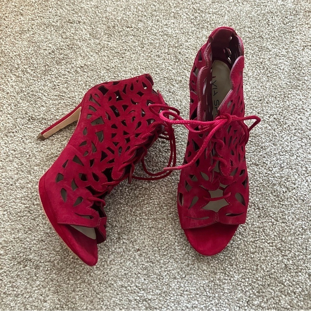 Viva Spiga Red Lace-Up Heeled Leather Booties Size 6.5